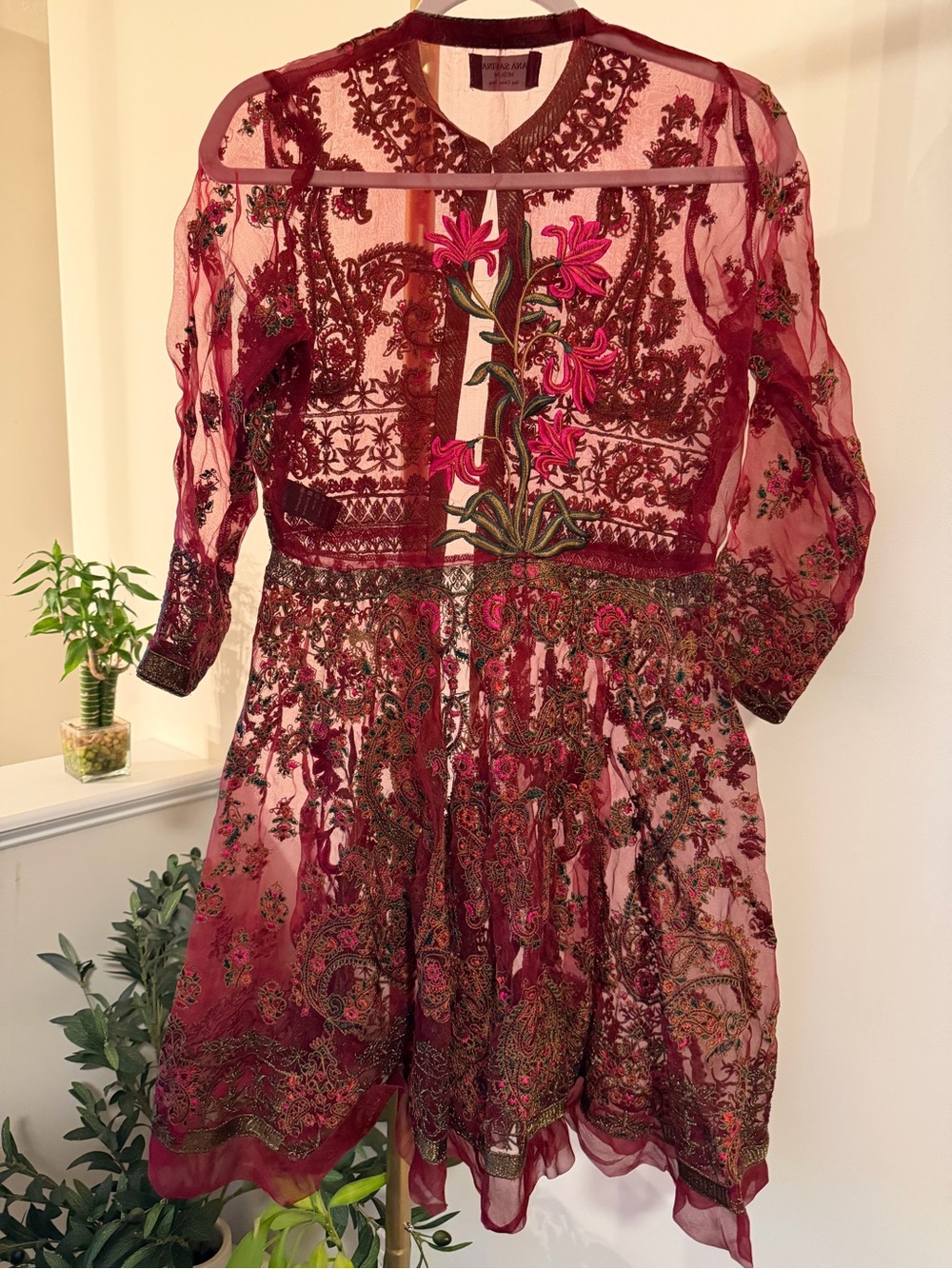 Sana safinaz Burgundy and Pink Embroidered Mini Dress beautiful and elegant - Picture 5 of 5